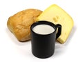 Black cup of milk, cheese and bread Royalty Free Stock Photo