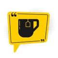 Black Cup of tea with tea bag icon isolated on white background. Yellow speech bubble symbol. Vector Illustration Royalty Free Stock Photo