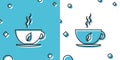 Black Cup of tea and leaf icon isolated on blue and white background. Random dynamic shapes. Vector Illustration Royalty Free Stock Photo