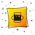 Black Cup of tea and leaf icon isolated on white background. Yellow square button. Vector Royalty Free Stock Photo