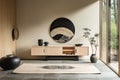 A black cupboard with a floor rug in front in a minimalistic composition. Soft shading, contrasting colors. Generative AI