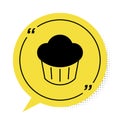 Black Cupcake icon isolated on white background. Yellow speech bubble symbol. Vector