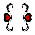 Black curly braces with red hearts vector illustration