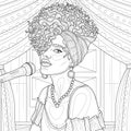 Black curly girl and microphone.Coloring book antistress for children and adults.