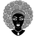 Black curly head african american woman in mandala style. Vector coloring page for adult in mandala style