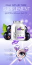 Black currant dietary supplement ads. Vector Illustration with eye supplement contained in bottle and blackcurrant elements.