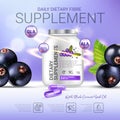 Black currant dietary supplement ads. Vector Illustration with eye supplement contained in bottle and blackcurrant elements