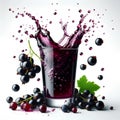 black currant falling into a glass of currant juice beautiful splash of juice isolated on a white background Royalty Free Stock Photo