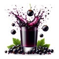 black currant falling into a glass of currant juice beautiful splash of juice isolated on a white background Royalty Free Stock Photo