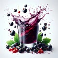 black currant falling into a glass of currant juice beautiful splash of juice isolated on a white background Royalty Free Stock Photo