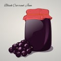 Black Currant jam in a jar and fresh Black currant on grey background. Simple cartoon style. Vector illustration. Royalty Free Stock Photo