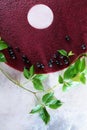 Black currant pastila on a light background. A branch of hops with green leaves nearby. Vertical photo. Still life concept Royalty Free Stock Photo