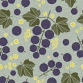 Black currant seamless pattern. Black currant with leaves and flowers on shabby background.