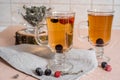 black currant tea with green leaves in a glass Cup in the autumn on the background of a window with raindrops on a white wooden Royalty Free Stock Photo