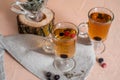 black currant tea with green leaves in a glass Cup in the autumn on the background of a window with raindrops on a white wooden Royalty Free Stock Photo