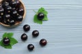 Black currant in wooden bowl with green leaf on blue wooden background Royalty Free Stock Photo