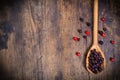 Black currant in wooden spoon with copyspace Royalty Free Stock Photo