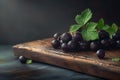 Black currants lie on a wooden board