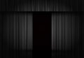 Black curtain stage vector background. Dark velvet drape. Open drapery. Theater scene, opera, concert or cinema. 3d