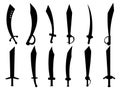 Black curved swords set isolated on white background. Swords silhouettes. Indian and oriental weapon, scimitar. Design of swords