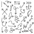 Black curvy and odd shape hand drawn direction arrows and pointers set on white