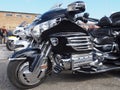 Black custom honda gold wing motorbike parked in Scarborough harbour