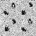 Black cute cats on a white background. Seamless pattern. Doodle ornament. Royalty Free Stock Photo