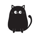 Black cute sitting cat kitten looking on tail. Cartoon kitty character. Kawaii animal. Funny face with eyes, mustaches, nose, ears