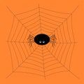 Black cute spider and spider web on orange background vector.