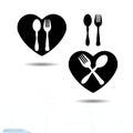 Black cutlery icon set in heart shape. Fork and spoon silhouettes. Vector available illustrations Royalty Free Stock Photo