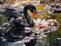 The black Cygnus atratus try to eat plastic pollution Royalty Free Stock Photo