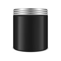 Black cylinder jar with metal lid isolated on white background. Round cosmetic container with screw cap. Beauty product for men Royalty Free Stock Photo