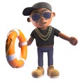 Black 3d cartoon hiphop rapper in baseball cap offering a lifering life preserver to someone drowning, 3d illustration Royalty Free Stock Photo