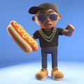 Black 3d cartoon hiphop rapper emcee character eating a hotdog hot dog, 3d illustration Royalty Free Stock Photo