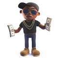 Black 3d hip hop rap singer character holding wads of US Dollar bills Royalty Free Stock Photo