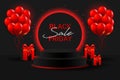 Black 3D podium with red neon glow glitter balls and a gift box for Black Friday.