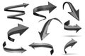 Black 3d shiny arrows. Set of curved icons