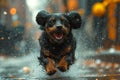 A black dachshund running past the in the city architecture. Happy weiner dog running in the rain Royalty Free Stock Photo