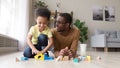 Black dad and little son play with colorful blocks Royalty Free Stock Photo