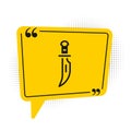 Black Dagger icon isolated on white background. Knife icon. Sword with sharp blade. Yellow speech bubble symbol. Vector