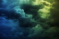 Black dark blue green teal cyan yellow sky. Color gradient. Storm clouds. Lightning. Dramatic background. Night. Rain wind.