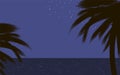 Black dark contours of palm trees on tropical coast nature at night blue sky ocean glare stars Vector drawing background Royalty Free Stock Photo