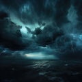 Black dark Cyan blue dramatic night sky. Gloomy ominous storm rain clouds background