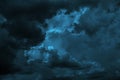 Black dark greenish blue dramatic night sky. Gloomy ominous storm rain clouds background. Epic fantasy mystic. ?reepy spooky Royalty Free Stock Photo