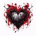 Black dark heart on a background of red blood paint, white background. Heart as a symbol of affection and