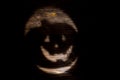 Black or dark laughing pumpkin Halloween Jack-o`-lantern of shadow on a dark wooden background. Jackolantern