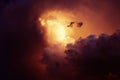 Black dark red purple yellow orange blue sky. Dramatic evening sunset background. Clouds. Storm lightning rain sun ligh.