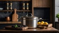 Black and Dark Wood Kitchen with Accessories Royalty Free Stock Photo