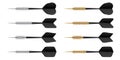 Black dart arrows with metal tip isolated on white background. Dart throwing sport game, dartboard equipment. Vector