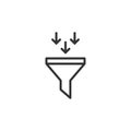 Black data filter with three arrows. Flat data funnel line icon. isolated on white background.